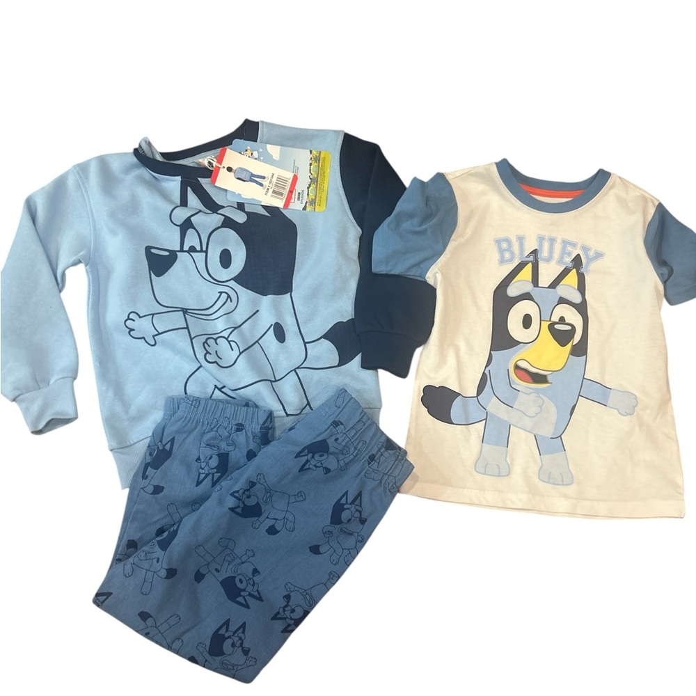 Bluey Boys 3 Piece Pajama Set Sweatshirt T-Shirt and Pants Blue Cream NWT